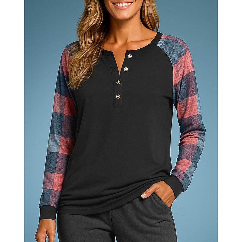 Women's Pullover Sweatshirt Casual Tops Long Sleeve Top Athleisure Fall Plaid Checkered Fashion Outdoor Travel Sportswear Activewear Black White