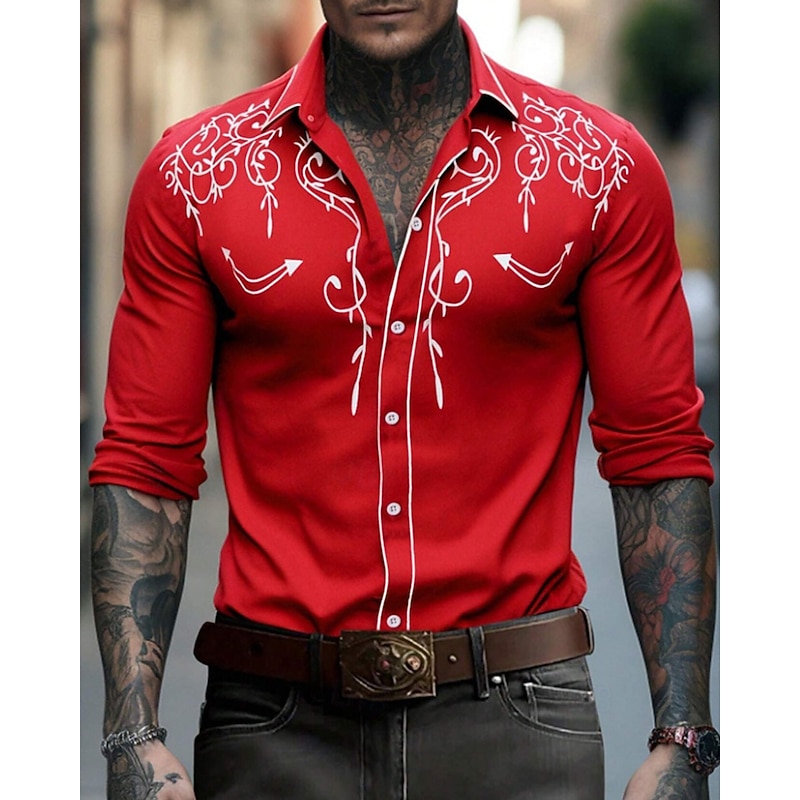 Men's Shirt Summer Shirt Casual Shirt Beach Shirt Button Up Shirt Black White Red Navy Blue Long Sleeve Pattern Lapel Vacation Hawaiian Embroidered Clothing Apparel Cotton Polyester Fashion Casual