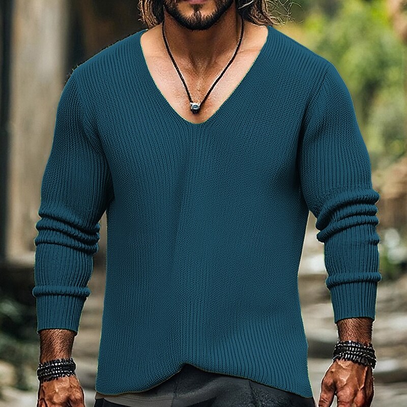 Men's Pullover Sweater Jumper Knit Sweater Ribbed Knit Regular Tops Knitted Plain V Neck Fashion Basic Vacation Daily Wear Clothing Apparel Fall Winter Black Blue S M L4