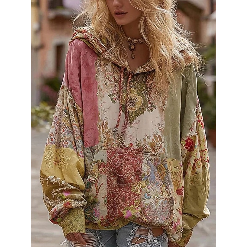 Women's 3D Print Vintage Boho Hoodie Patchwork Hoodie Sweatshirt Floral Pullover Sweatshirt Floral Graphic Casual Long Sleeve Hooded  Street Dailywear Patchwork Front Pocket Pink Fall Winter