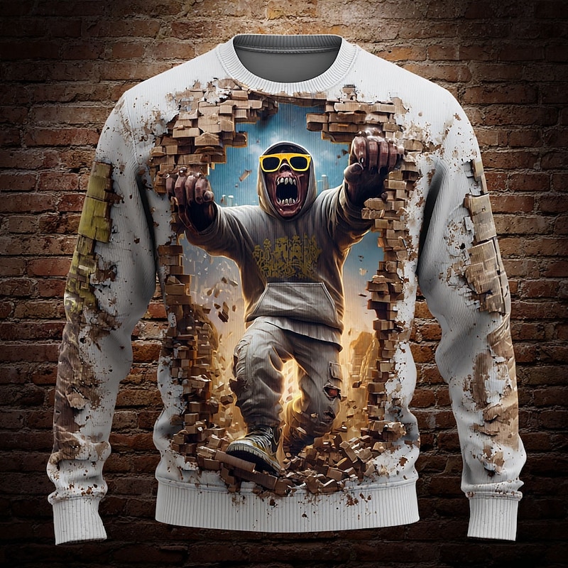 Men's Cartoon Pullover Sweater Jumper Knitwear Crewneck Casual Vacation Street Daily 3D Print Graphic Keep Warm Long Sleeve Spring Fall Winter White