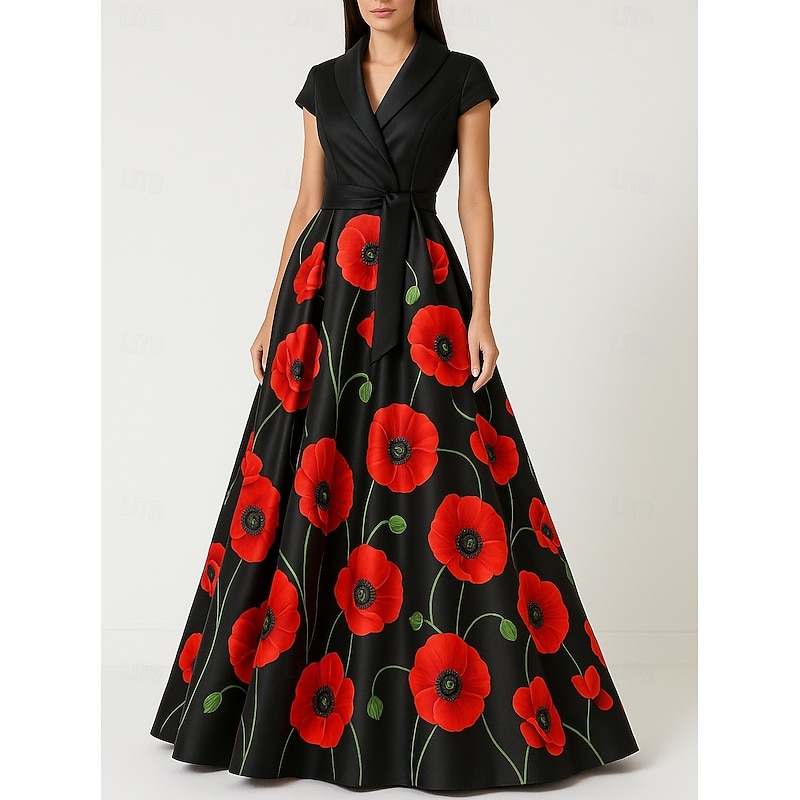 A-Line Evening Gown Elegant Formal Dress Formal Wedding Floor Length Short Sleeve Shirt Collar Pocket Satin with Floral Print Pocket 20254