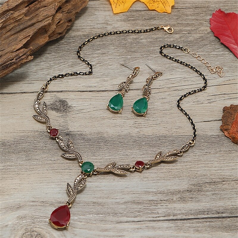 Jewelry Set Two-piece Suit Green Rhinestone Chrome 1 Necklace Earrings Women's Elegant Vintage Fashion Vintage Style Classic Jewelry Set For Wedding Party Valentine's Day4