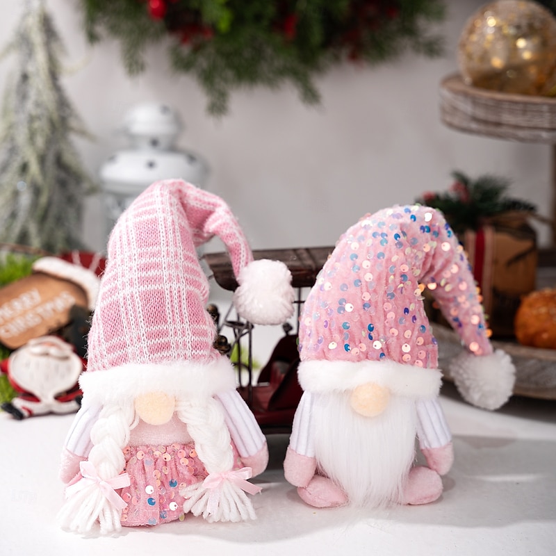 2Pcs Pink Christmas Gnome Plush Decorations, Sequin Standing Santa Claus Snowman Reindeer Dolls, Holiday Tabletop Ornaments4