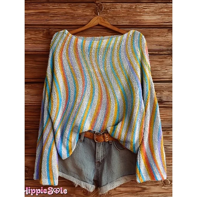 Women's Sweater Casual Soft Geometric Color Block Stylish Modern Long Sleeve Crew Neck Regular Tops Daily Holiday Print Blue Orange Green Khaki Gray Spring Fall Winter3