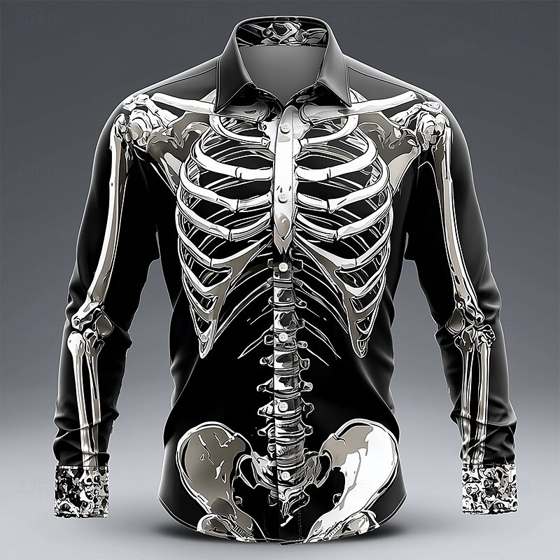 Halloween Men's Metal Finish Skeleton Halloween Costumes Shirt Button Up Shirt Long Sleeve Dark Punk Gothic Style Outdoor Holiday Summer Spring Turndown 3D Print Collared Shirts Black Grey Gold2