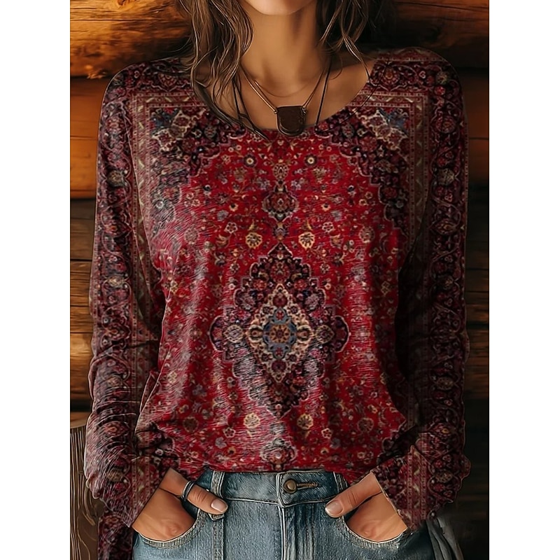 Women's Plus Size T Shirt Floral Graphic Color Gradient Vintage Fashion Stylish Long Sleeve Crew Neck Regular Tops Daily Going out Weekend Print Pink Red Purple Orange Green Spring Fall