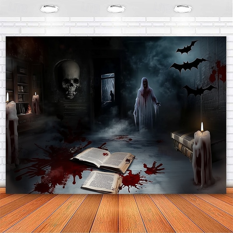 Halloween Horror Wall Tapestry – Haunted Room with Bloody Books, Ghost, Skull and Bats, Scary Wall Hanging for Party, Bedroom, Living Room  2025 Halloween Decoration