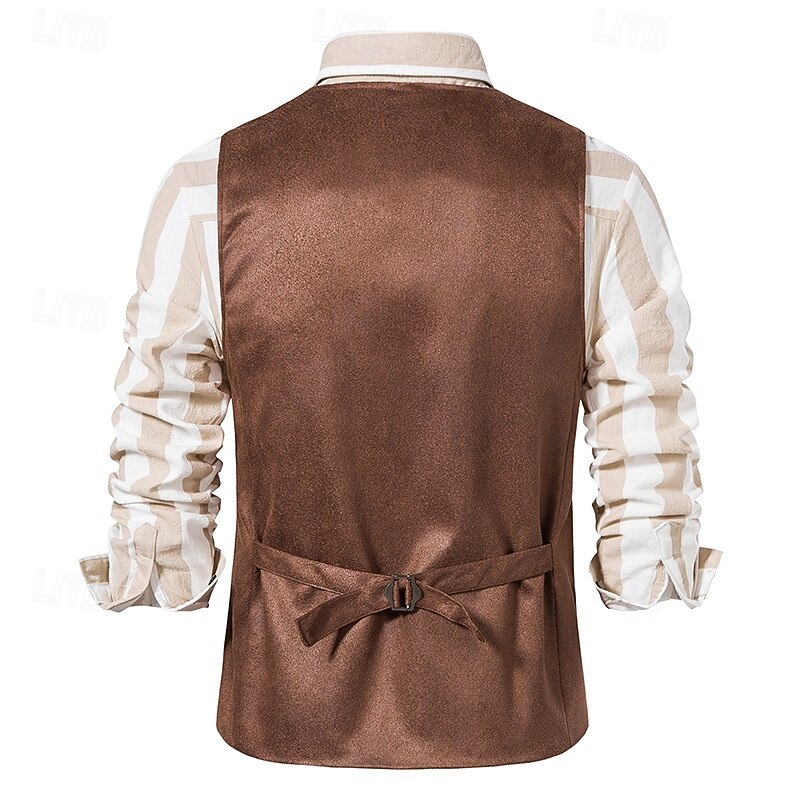 Men's Faux Suede Vest Waistcoat Formal Wedding Vacation Casual Western Style Smart Casual Spring Fall Pocket Buttons 95% Polyester 5% Spandex Faux Suede Comfortable Plain Herringbone Single Breasted4