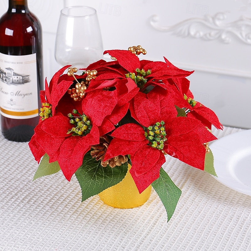 Christmas Artificial Poinsettia Potted Plant, Red Holiday Tabletop Decoration, Faux Floral Arrangement for Home, Restaurant, Bar, Christmas Wreath Accent