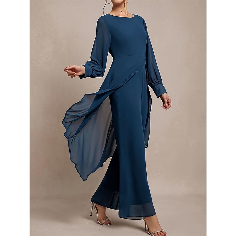 Pantsuit 2 Piece Mother of the Bride Classic Crew Neck Asymmetrical Hem Chiffon Long Sleeve with Solid Color3