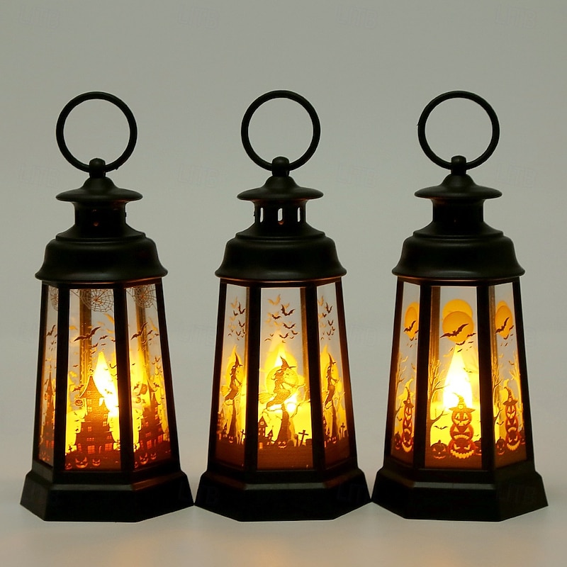 1 Pc 14.5CM Halloween Decorative LED Wind Light Desktop Ornament Retro Hexagonal LED Wind Light Party Decoration Prop Pendant3