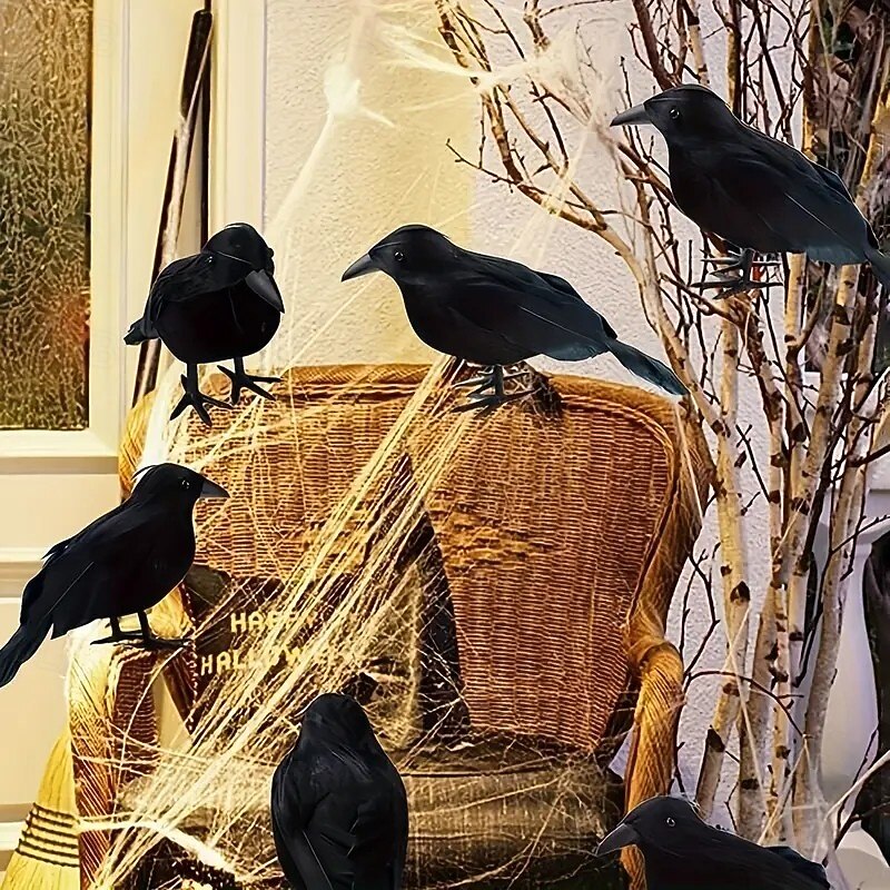 5-Piece Halloween Realistic Black Crow Set with Faux Feathers, Vintage Halloween Decor, Non-Electric, Indoor Seasonal Display, Gothic Home and Party Decoration2