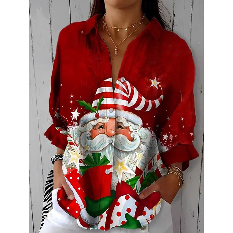 Christmas Women's Shirt Graphic Santa Claus Vintage Tropical Daily Long Sleeve Shirt Collar Regular Tops Daily Holiday Buttons Print Black Yellow Red Blue Purple Summer Spring Fall Winter3