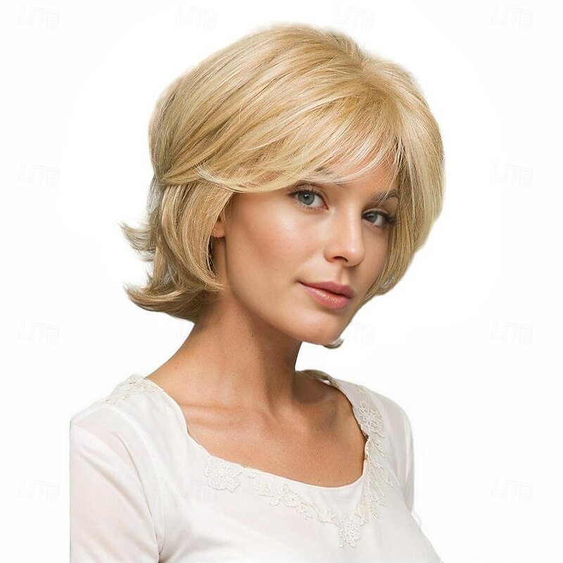 Women's Short Layered Blonde Wig with Flipped Ends – Heat-Resistant Synthetic Bob Hairpiece for Cosplay, Halloween & Daily Wear