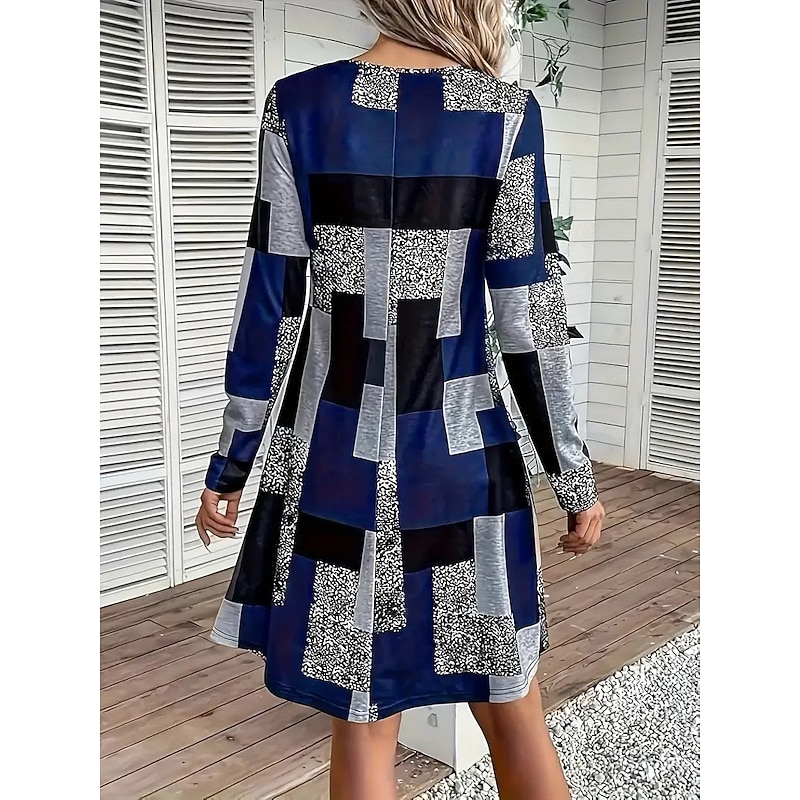 Women's Mini Dress Sheath Dress A Line Dress Fit And Flare Dress Party Casual Boho Party Wedding Guest Daily Regular Fit Graphic Geometric Plaid Long Sleeve Crew Neck Blue Purple Green Gray Spring2