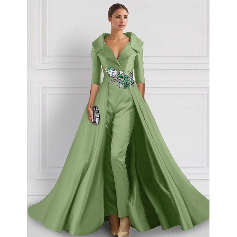 A-Line Evening Gown Elegant Overskirt Jumpsuit Dress Formal Wedding Floral Floor Length Half Sleeve Shirt Collar Satin with Slit Embroidery Appliques
