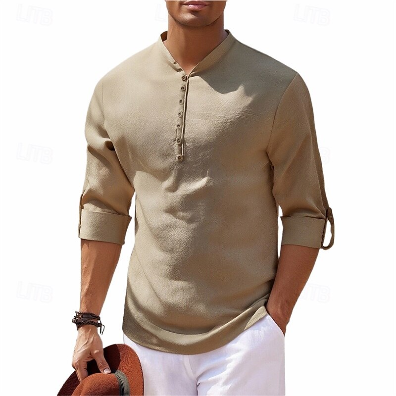 Men's Shirt Popover Shirt Summer Shirt Casual Shirt Beach Shirt Black White khaki Dark Blue Gray Long Sleeve Plain Band Collar Vacation Hawaiian Clothing Apparel Fashion Casual Comfortable4