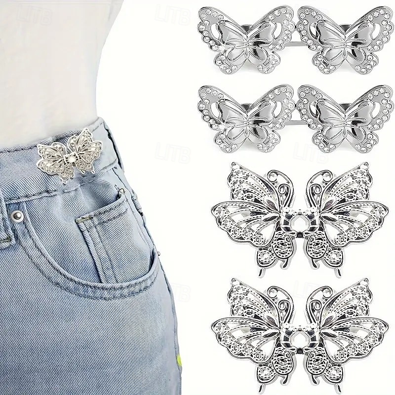 4 Pairs Adjustable Jeans Waist Extender Clips, Seamless No-Tool Pants Waist Tighteners, Instant Butterfly Pin Buckles for Loose Jeans
