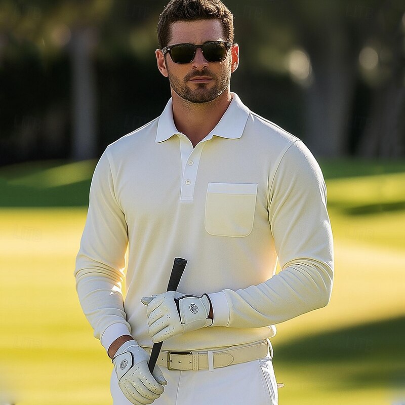 Men's Polo Shirts Golf Polos Shirts Business Casual Lapel Classic Long Sleeve Fashion Basic Solid Color Plain Pocket Color Block Fall Winter All Seasons Regular Fit Beige Polo Shirts2
