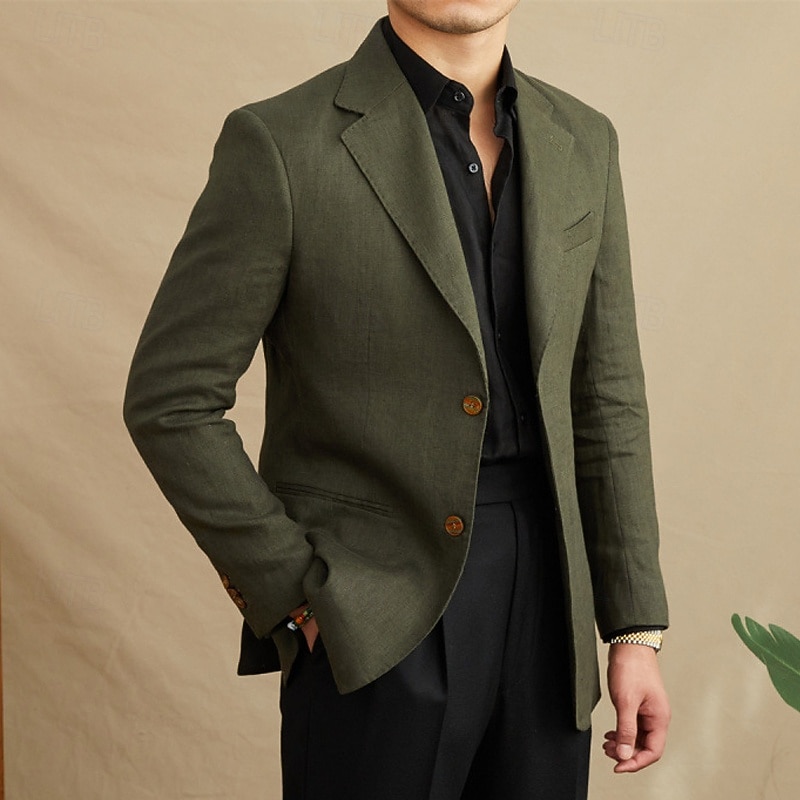 Men's Linen Blazer Blazer Business Cocktail Party Wedding Party Fashion Casual Spring Fall 30% Linen 60% Polyester Plain Pocket Buttons Comfortable Single Breasted Blazer Black White Brown Green3