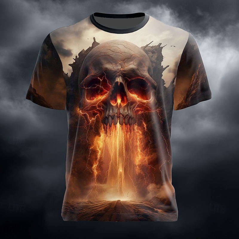 Halloween Men's Skull Optical Illusion 3D T Shirt Short Sleeve T shirt 3D Print Crew Neck Shirt Exaggerated Designer Horror Party Street Holiday Blue Orange Green Summer Spring Clothing Apparel S M L
