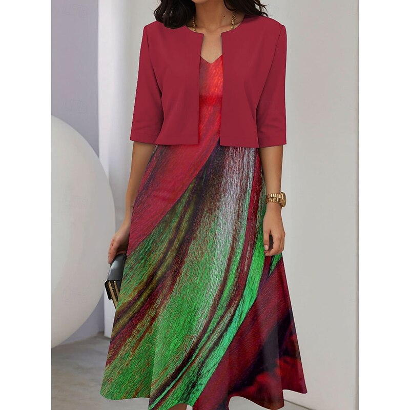 Women's Dress Set A Line Dress Midi Dress Elegant Casual Graphic Abstract Patchwork Print Midi Dress Half Sleeve V Neck Vacation Date Red Blue Purple Summer Spring Regular Fit4