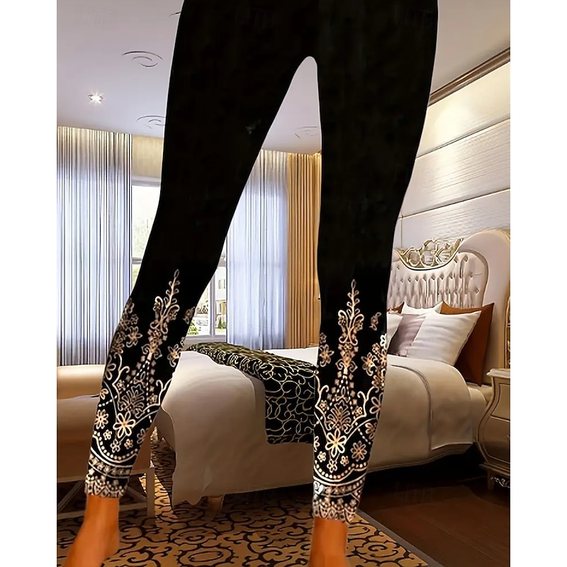 Women's Pants Trousers Leggings Cozy Leggings Casual Boho Full Length High Waist Flower Elastic Waist Print Breathability Comfortable Stretchy Vacation Street Daily Wear Black Summer Spring Fall