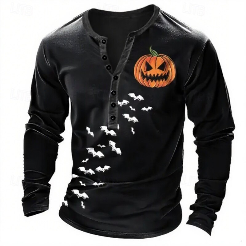 Men's Halloween Graphic Pumpkin T Shirt Henley Shirt Tee Long Sleeve Vintage Designer Stylish Outdoor Casual Daily Fall Spring & Summer Black White Navy Blue Dark Green Henley Henley T-Shirt