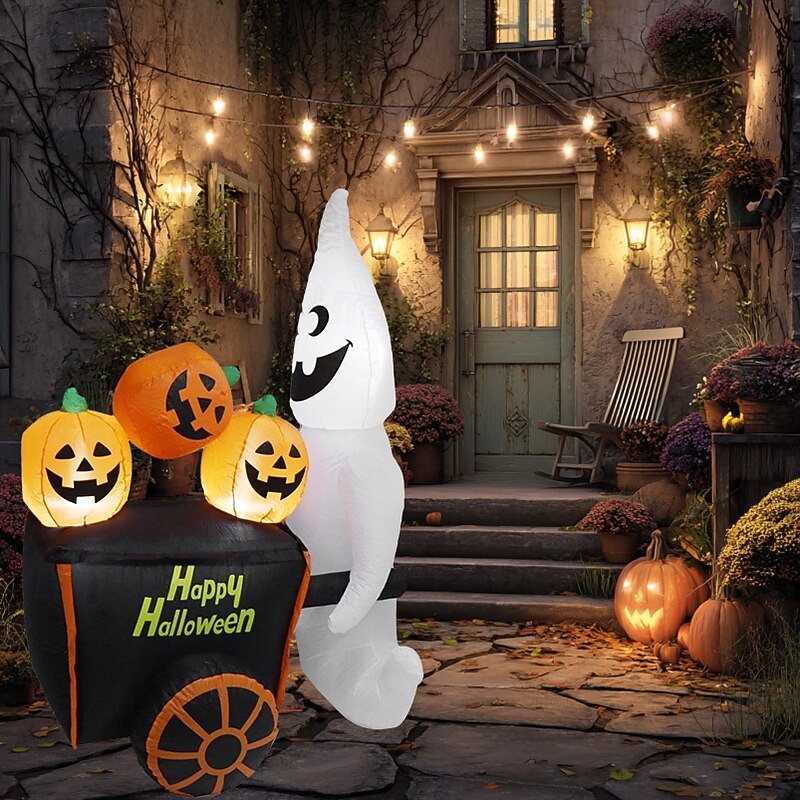 1 Pc 1.8M/6FT Halloween Ghost Pumpkin Cart with Inflatable Air Model Indoor and Outdoor Courtyard Lawn Party Halloween Festival Atmosphere Decorative Light EU/US/UK/AU Plug2