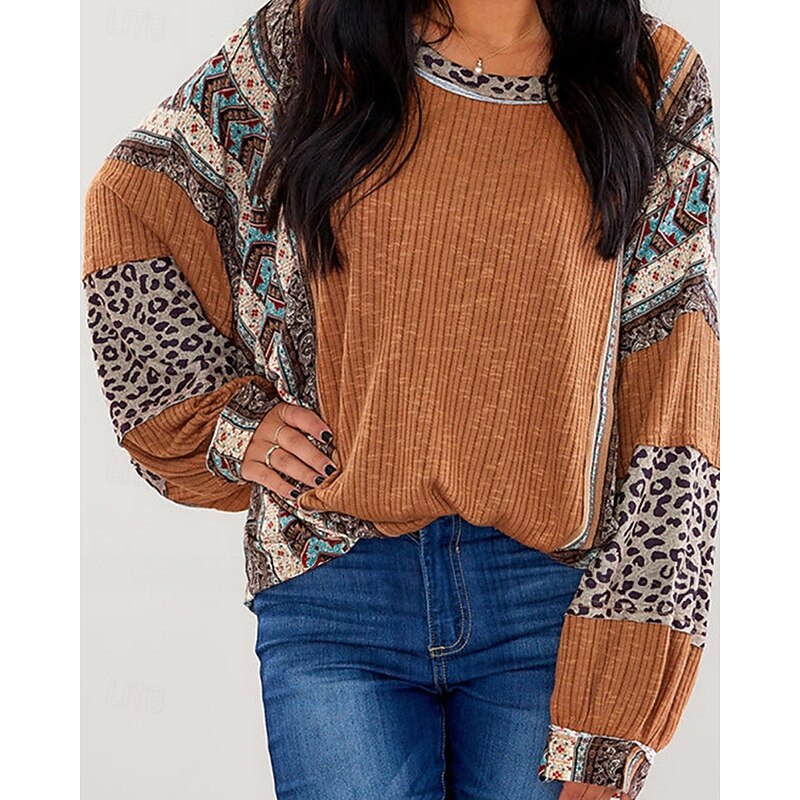 Women's Texture Sweatshirt Pullover Sweatshirt Sweatshirts Leopard Color Block Streetwear Casual Long Sleeve Crew Neck Regular Tops Street Holiday Going out Patchwork Wine Brown Fall Winter