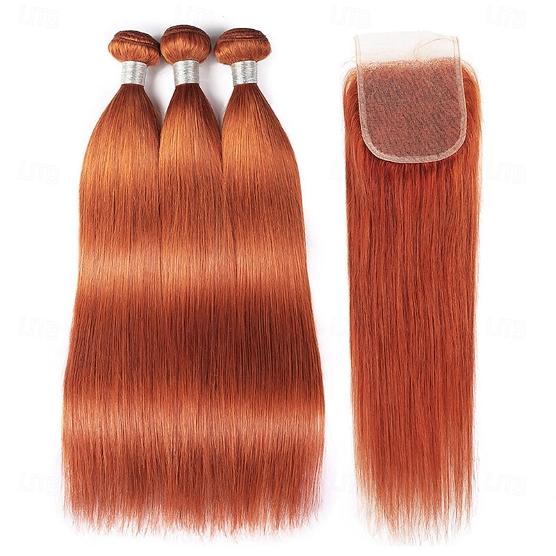 Ginger# Straight Human Hair Extensions 3 Bundles with Closure For Black Women2