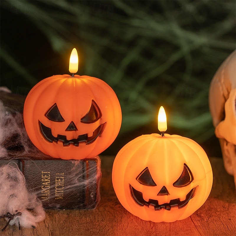 1 Pc 9.5 * 7.6CM Halloween Smiling Pumpkin LED Electronic Candle Light Indoor Outdoor Restaurant Bedroom Party Festival Atmosphere Decorative Light Ornament Light Small Night Light LR44 * 3 Battery3