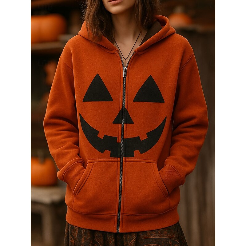 Halloween Women's Zip Up Hoodies Pumpkin Graphic Fashion Casual Long Sleeve Hooded Regular Tops Street Dailywear Casual Zipper Pocket Print Blue Purple Orange Green Spring Fall