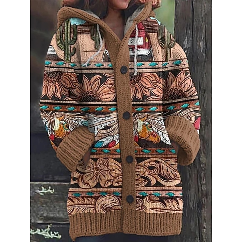 Women's Cardigan Vintage Ethnic Style Geometric Color Block Ribbed Hooded Knitted Print Front Pocket Long Sleeve Regular Tops Knit Outdoor Daily Holiday Red Brown Fall Winter2