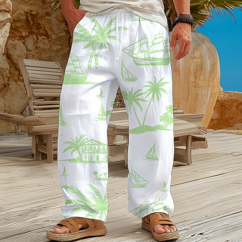 Men's Coconut Tree Tropical Plants Trousers Baggy Pants Casual Pants Mid Waist Hawaiian Outdoor Vacation Home Elastic Drawstring Waist Linen-Like Pants with Pockets Spring Fall 3D Print Blue Orange2