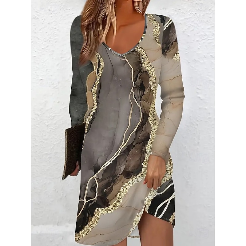 Women's Mini Dress Knit Dress Casual Dress Sundress A Line Dress Stylish Casual Regular Fit Graphic Geometric Abstract Long Sleeve V Neck Brown Spring Fall Winter