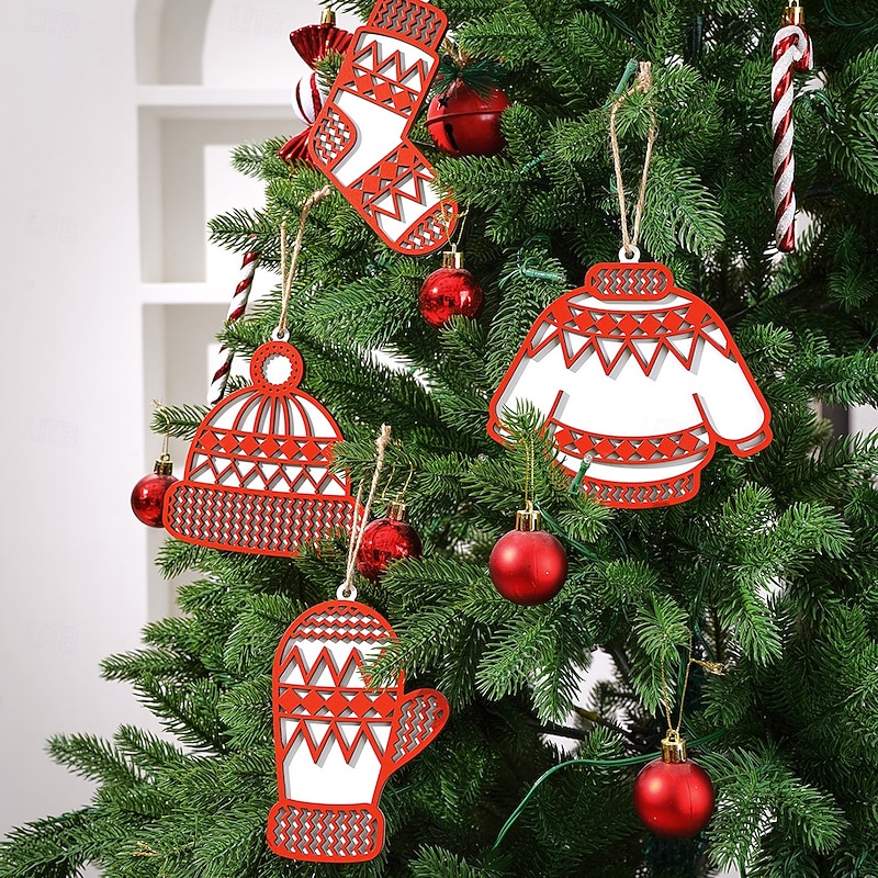 4PCS Christmas Wooden Ornaments Hanging Ornaments Set with Santa Hat, Clothes, Socks and Gloves Designs, Holiday Decor for Christmas Tree, Window Display, Backpacks and Gift Giving