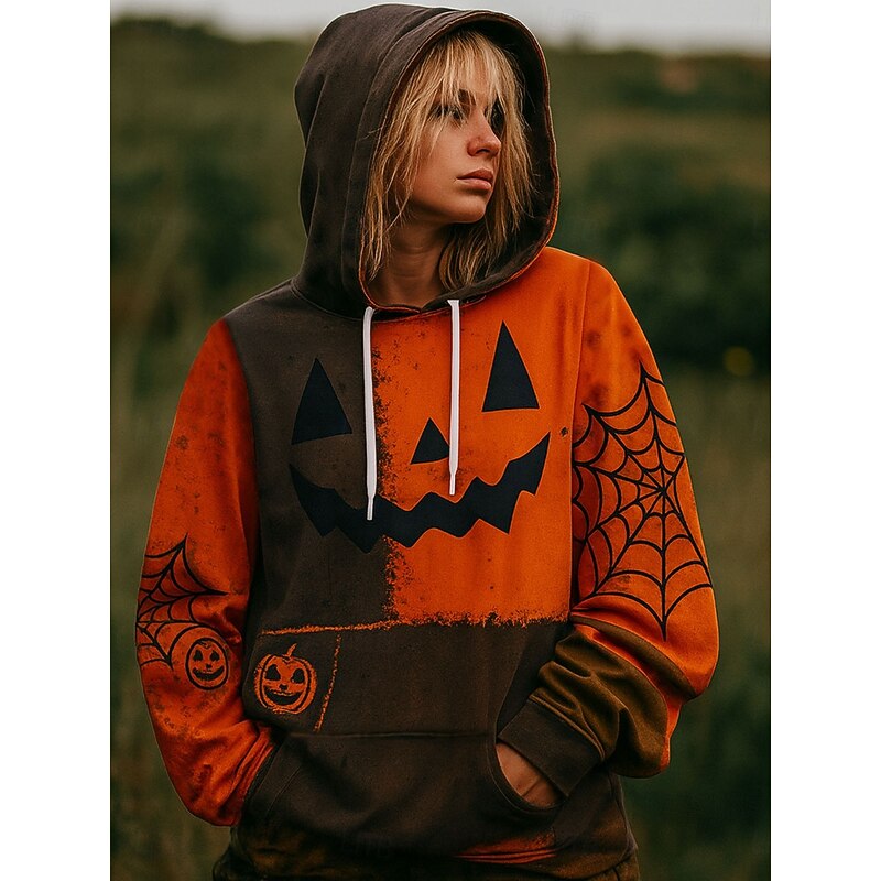 Halloween Women's Pullover Hoodie Sweatshirt Spider Web Graphic Fashion Casual Long Sleeve Hooded Regular Tops Street Dailywear Casual Drawstring Pocket Print Blue Purple Orange Green Fall Winter