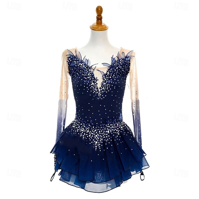 Figure Skating Dress Women's Girls' Ice Skating Dress Navy Blue Open Back Asymmetric Hem Mesh High Elasticity Training Competition Skating Wear Classic Crystal / Rhinestone Long Sleeve Ice Skating Figure2