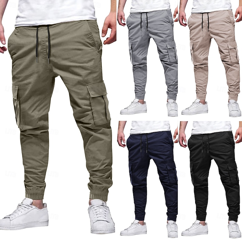 Men's Cargo Pants Cargo Trousers Joggers Trousers Casual Pants Drawstring Multi Pocket Elastic Cuff Plain Full Length Sports Outdoor Running Streetwear Ethnic Style Black Pink Inelastic