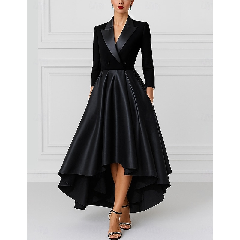 Tuxedo Dress A-Line High-low Dress Formal Satin Elegant Long Sleeve Midi Length Peak Lapel
