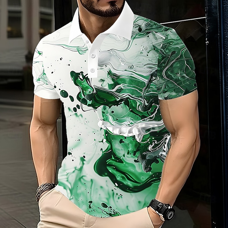 Men's Marble Polo Short Sleeve Polo Shirts Lapel Casual Athleisure Daily Wear 3D Print Buttons Summer Red Blue Green