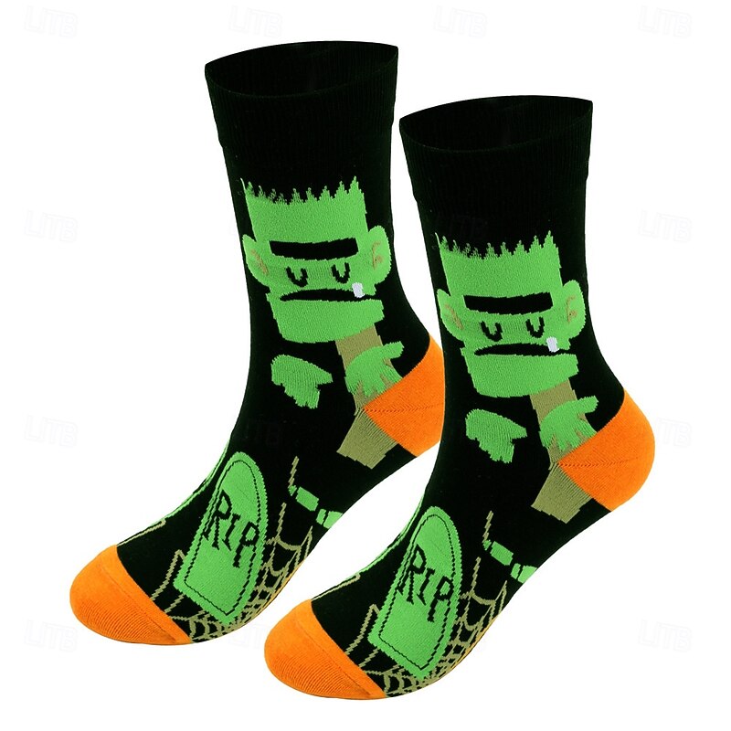 Halloween Oversized Women's Cotton Socks, Autumn Winter Large Size Unisex Mid-Calf Socks with Witch and Pumpkin Design2