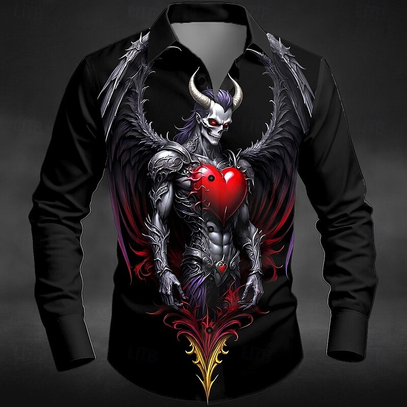 Halloween Men's Heart Glow in the Dark Demon Shirt Button Up Shirt Long Sleeve Dark Punk Gothic Style Outdoor Holiday Summer Spring Turndown 3D Print Collared Shirts Red Purple