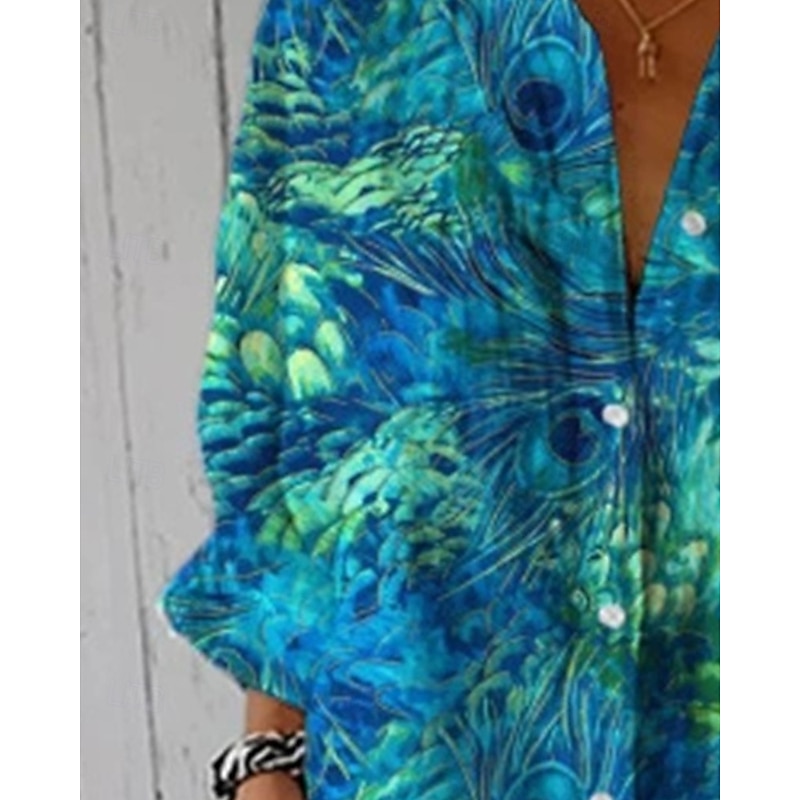 Women's Shirt Blouse Color Block Modern Casual Long Sleeve Shirt Collar Regular Tops Daily Holiday Buttons Print Blue Spring2