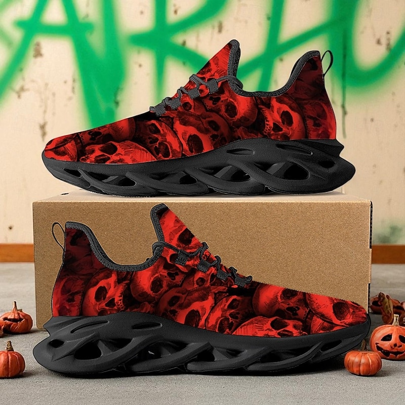 Men's Green Skull Print Lace-Up Sneakers – Gothic Halloween Style Casual Shoes for Party, Clubbing and Street Fashion