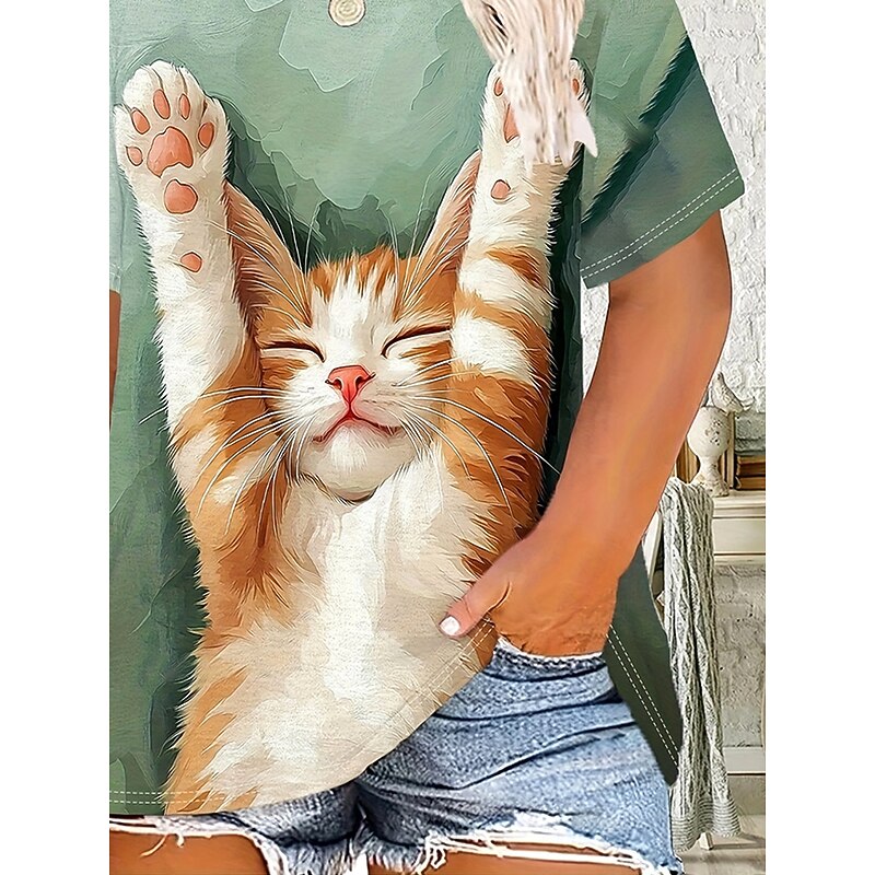 Women's T Shirt Graphic Animal Cat Vintage Stylish Classic Short Sleeve Crew Neck Round Neck Regular Tops Daily Weekend Print Light Green Summer Spring3
