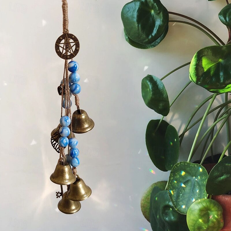 Vintage Halloween Witch Bell Wind Chime Hanging Bronze Metal with Ceramic & Wood Beads Door Handle Protector Perfect for Outdoor, Porch, Yard Decor4