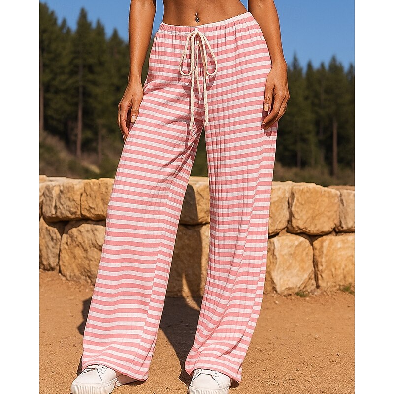 Women's Sports Lounge Pants Casual Straight Leg Pants Drawstring High Waist Bottoms Athleisure Gym Workout Fall Lightweight Gym Workout Outdoor Running Loose Fit Sportswear Activewear Stripes Black3
